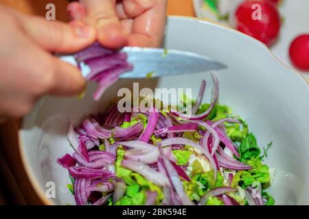 Mani da donna con cipolla tagliata a coltello per insalata Foto Stock