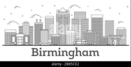 Contorno dello skyline di Birmingham Alabama City con edifici moderni isolati su White. Illustrazione vettoriale. Birmingham USA, paesaggio urbano con monumenti storici. Illustrazione Vettoriale