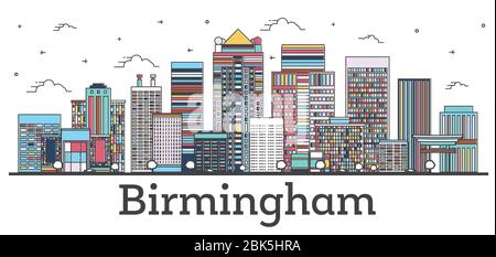 Contorno dello skyline di Birmingham Alabama City con edifici a colori isolati su bianco. Illustrazione vettoriale. Birmingham USA, paesaggio urbano con monumenti storici. Illustrazione Vettoriale