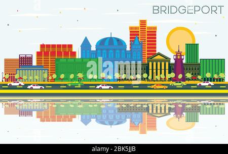 Bridgeport Connecticut skyline della città con edifici di colore, cielo blu e riflessi. Illustrazione Vettoriale. Illustrazione Vettoriale