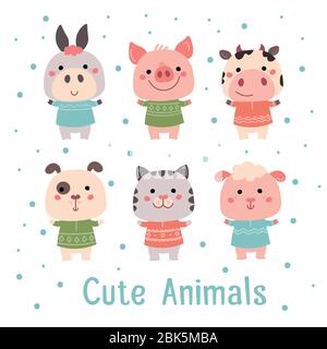Vettore carino Animali invernali impostare piggy, mucca, cane, gatto, pecora, asino in maglioni. Illustrazione Vettoriale