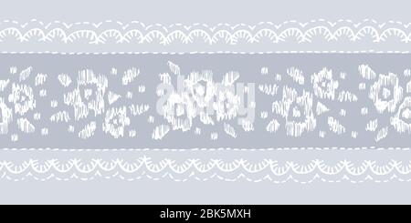 Crewel Embroidery Floral Lace Needlework Vector Seamless Pattern Horizontal Border . Stampa floreale tradizionale disegnata a mano Illustrazione Vettoriale