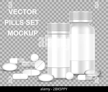 Confezione in flacone bianco trasparente con pillole e capsule isolate. Disegno banner medicina. Mockup per contenitori medici. Vettore Illustrazione Vettoriale