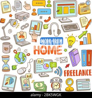 Set di lavoro da elementi di illustrazione di cartoni animati vettoriali domestici. Vari oggetti di lavoro disegnati a mano da casa in colore aludino. Illustrazione Vettoriale