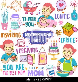 Set di elementi di illustrazione vettoriale del giorno della madre. Vari tipi di giorno della madre disegnata a mano nei colori. Illustrazione Vettoriale