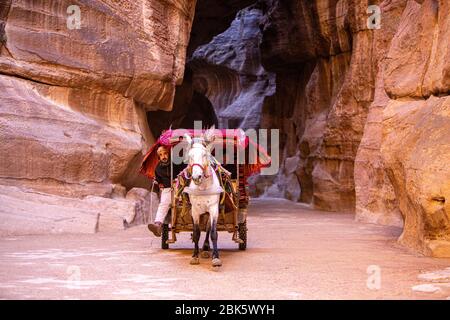 Carrozze trainate da cavalli nel Siq slot Canyon nella città di Petra, Giordania Foto Stock