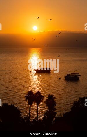 Alba sul mare di Galilea, Lago Tiberias, Israele Foto Stock