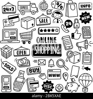 Insieme di elementi vettoriali doodle relativi allo shopping online. Collezione di simboli e icone per lo shopping online disegnati a mano. Illustrazione Vettoriale