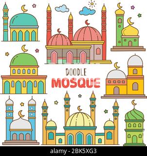 Set di elementi di illustrazione vettoriale della moschea. Vari tipi di moschea disegnata a mano nei colori. Illustrazione Vettoriale