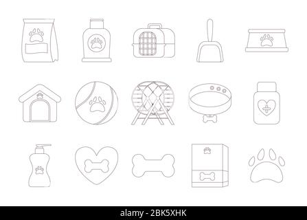 set di icone con accessori per animali domestici , disegno di illustrazione vettoriale di icone di stile linea Illustrazione Vettoriale