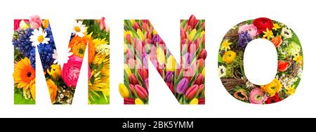 Lettera M N O. Letteratura floreale. Alfabeto ABC da fiori bouquet teste isolato su sfondo bianco Foto Stock