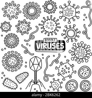 Raccolta di disegni di doodle virus. Sono inclusi microrganismi come HIV, ebola, epatite, rabbia, batteriofago e coronavirus, ecc. Vetta disegnata a mano Illustrazione Vettoriale