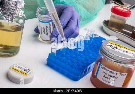 Analisi scientifica del campione di acque reflue in laboratorio, indagine di possibile contaminazione da parte di Sars-Cov-2 nell'uomo, immagine concettuale Foto Stock