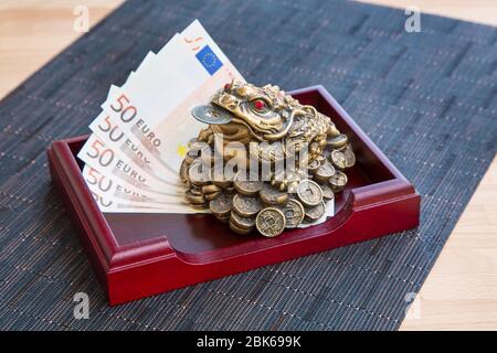 Denaro rana feng shui simbolo di prosperità con la moneta e banconote in euro ancora-vita Foto Stock