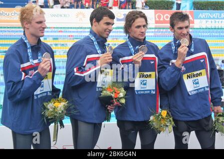 Michael Phelps, Ricky Berens, David Walters, Ryan Lochte degli Stati Uniti durante in Podium 4X200 M NL MenWorld Championship 2009, 2009 a Roma, Italia Foto Laurent Lairys / DPPI Foto Stock