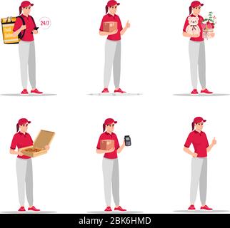 Corriere femmina bianco in set di illustrazioni vettoriali piatte e uniformi rosse Illustrazione Vettoriale