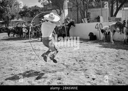 Charrerias sono l'equivalente messicano dei rodei. Per tre giorni i partecipanti hanno lottato per ottenere il massimo numero di punti nei diversi tes Foto Stock