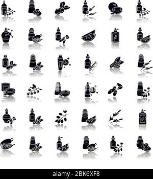 Gli oli dei capelli cadono ombra nero icone glifo set. Essenza naturale dell'avocado. Estratto esotico di baobab per la cura dell'aviazione. Olio di jojoba. Prodotto cosmetico antistatico Illustrazione Vettoriale