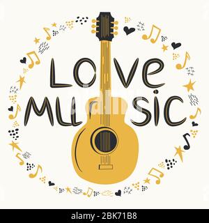 Chitarra acustica circondata da note, l'iscrizione Love Music, Country Music. Country Cowboy Music Festival Creative Event Live Event Poster Concept Illustrazione Vettoriale