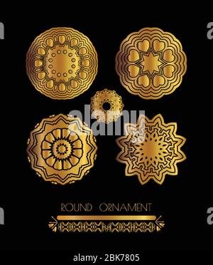 Ornamento circolare in oro su sfondo nero. Motivo dorato Illustrazione Vettoriale