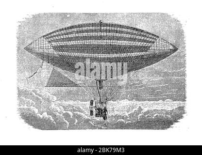 Il primo volo a motore elettrico dell'aeronauta francese Gaston Tissandier nel 1883, montando un motore elettrico con un'elica nella gondola del suo pallone ad aria calda Foto Stock