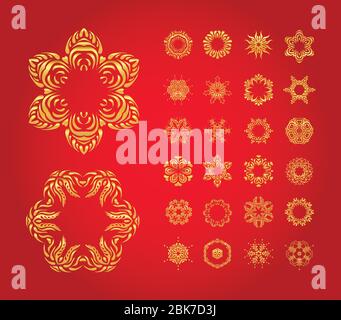 Set di diversi fiocchi di neve isolati su rosso Illustrazione Vettoriale