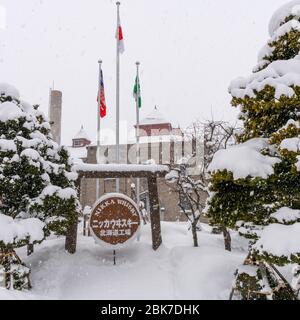 Distilleria Nikka nella neve, Hokkaido, Giappone Foto Stock