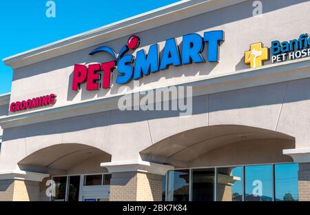 Charlotte, NC/USA - 9 novembre 2019: Primo piano orizzontale di un negozio "PET Smart" al Carolina Pavillion con marchio/logo sulla facciata di bui Foto Stock