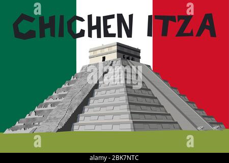 Grafica vettoriale dettagliata e naturalistica della Piramide di Chichen Itza sulla penisola dello Yucatan, Messico, America Centrale Illustrazione Vettoriale