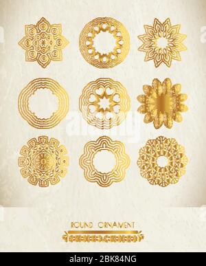Cornici ornamentali in oro. Motivo rotondo vintage. Telaio filigrana. Etichetta ornata per il design Illustrazione Vettoriale