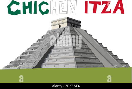 Grafica vettoriale dettagliata e naturalistica della Piramide di Chichen Itza sulla penisola dello Yucatan, Messico, America Centrale Illustrazione Vettoriale