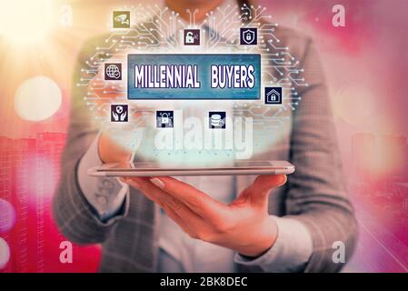 Scrittura concettuale a mano che mostra i compratori millennial. Concetto che significa tipo di consumatori interessati a prodotti di tendenza Foto Stock