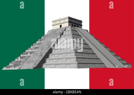 Grafica vettoriale dettagliata e naturalistica della Piramide di Chichen Itza sulla penisola dello Yucatan, Messico, America Centrale Illustrazione Vettoriale