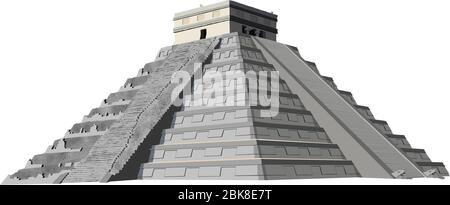 Grafica vettoriale dettagliata e naturalistica della Piramide di Chichen Itza sulla penisola dello Yucatan, Messico, America Centrale Illustrazione Vettoriale