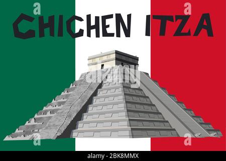 Grafica vettoriale dettagliata e naturalistica della Piramide di Chichen Itza sulla penisola dello Yucatan, Messico, America Centrale Illustrazione Vettoriale