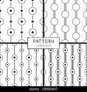 Set di quattro modelli geometrici astratti senza giunture di simmetria disposti cerchi, punti e linee. Stile lineare. Sfondi per stoffa, tessuto, tessile. Illustrazione Vettoriale