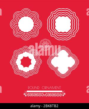 Set di Natale bianco inverno decorativo fiocchi di neve. Set di fiocchi di neve bianchi su sfondo rosso Illustrazione Vettoriale