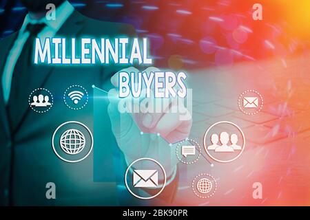 Scrittura concettuale a mano che mostra i compratori millennial. Concetto che significa tipo di consumatori interessati a prodotti di tendenza Foto Stock