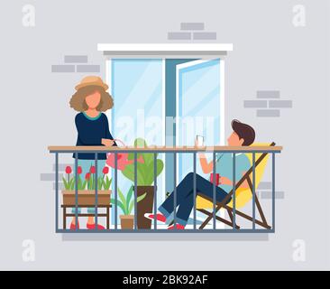 Persone sul balcone, concetto di coronavirus. Rimani a casa durante l'epidemia. Carino illustrazione vettoriale in stile piatto Illustrazione Vettoriale