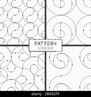 Set di quattro ripetizioni geometriche senza giunture. Sezioni ripetitive con cerchi e linee di collegamento. Stile lineare. Elementi a spirale. Punti nei nodi. Astratto. Illustrazione Vettoriale