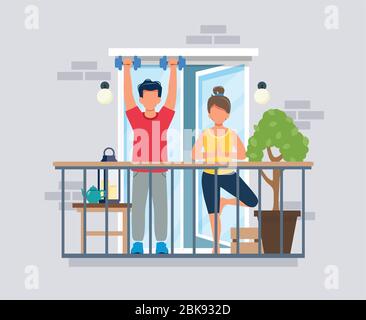 Persone sul balcone che fanno esercizio, concetto di coronavirus. Rimani a casa durante l'epidemia. Carino illustrazione vettoriale in stile piatto Illustrazione Vettoriale