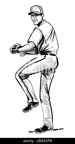 Giocatore di baseball. L'inchiostro bianco e nero disegno Foto Stock