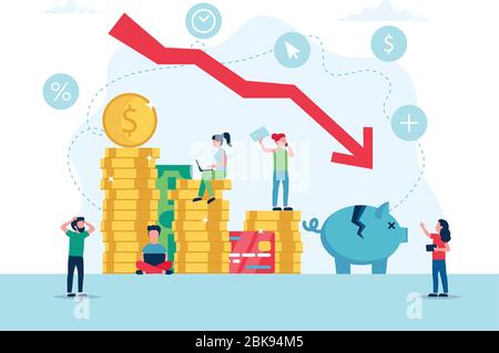 Concetto di crisi economica, grafico del mercato azionario in calo, perdita di denaro. Personaggi di piccole persone. Illustrazione vettoriale in stile piatto Illustrazione Vettoriale