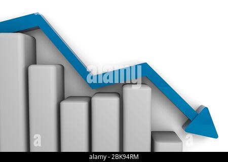 Rendering 3D del concetto di finanza ed economia. Recessione e trend in calo nel mondo. Grafico a candeliere con freccia blu. Economia in declino. Foto Stock