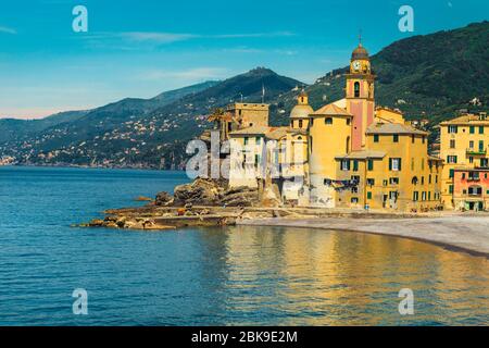 Spiaggia estiva popolare e posizione di viaggio. Spettacolare costa con edifici colorati e spiaggia vicino a Genova, Camogli, Liguria, Italia, Europa Foto Stock