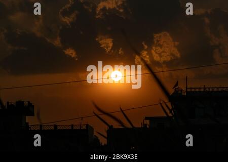 Silhouetted Red whisky bulbul seduto sul filo contro il tramonto. Foto Stock