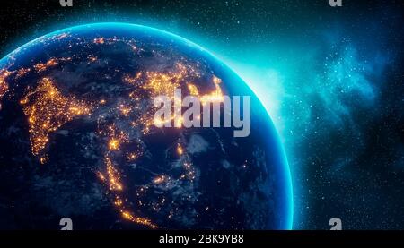 Luci della città del continente dell'Asia centrale e orientale di notte dallo spazio esterno. Illustrazione del rendering 3D. Texture mappa terrestre fornita dalla NASA. Somma di energia Foto Stock
