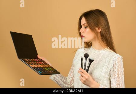 Strumenti professionali. Concetto di artista di trucco. Ottimo. Negozio di articoli per il trucco. Corsi di trucco. Bella ragazza fare labbra rosa. Donna attraente che applica spazzola di trucco. Occhiali con palette luminose. Foto Stock