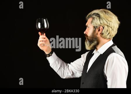 Grazie agli amici. Maschile esperto sommelier stima bevande alcoliche. Vino rosso in wineglass. Bearded uomo esplorare il gusto del vino in ristorante. Controllo del colore e dei sedimenti del vino. Degustazione di vini. Foto Stock