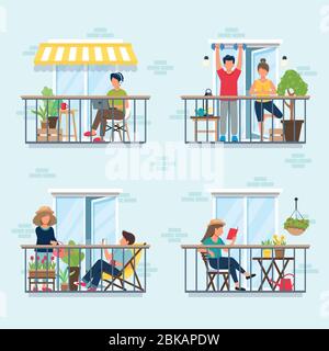 Persone sul balcone, concetto di isolamento sociale. Rimani a casa durante l'epidemia. Carino illustrazione vettoriale in stile piatto Illustrazione Vettoriale
